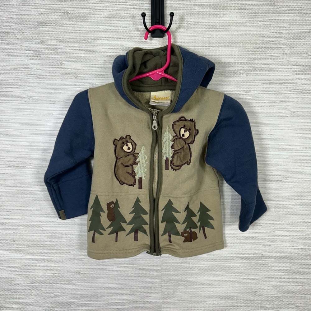 Kids Vintage Artisans Blue Tan and Green Bear Zip Up Hoodie Size 12 Months